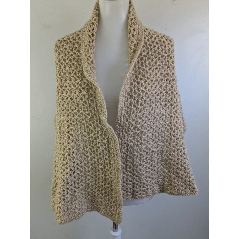 Handmade Crochet Knit Scarf Wide Beige Tan Neck Wrap Soft Boho Neutral Cottage